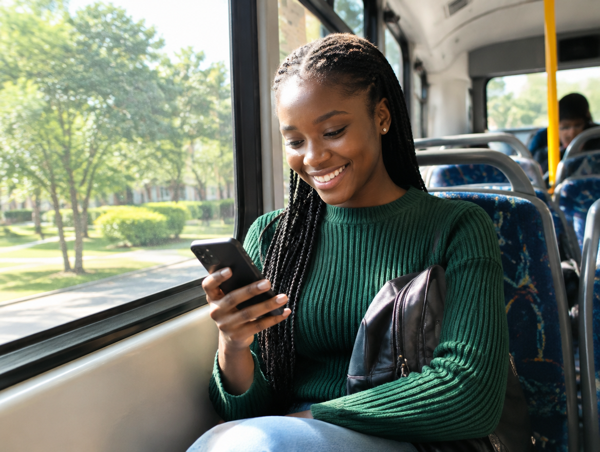 A student on the shuttle, looking at her phone